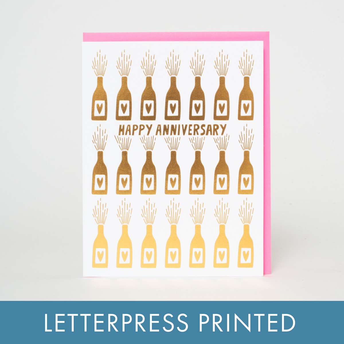 Anniversary Bottles Gold Foil Letterpress Greeting Card: Plastic sleeve