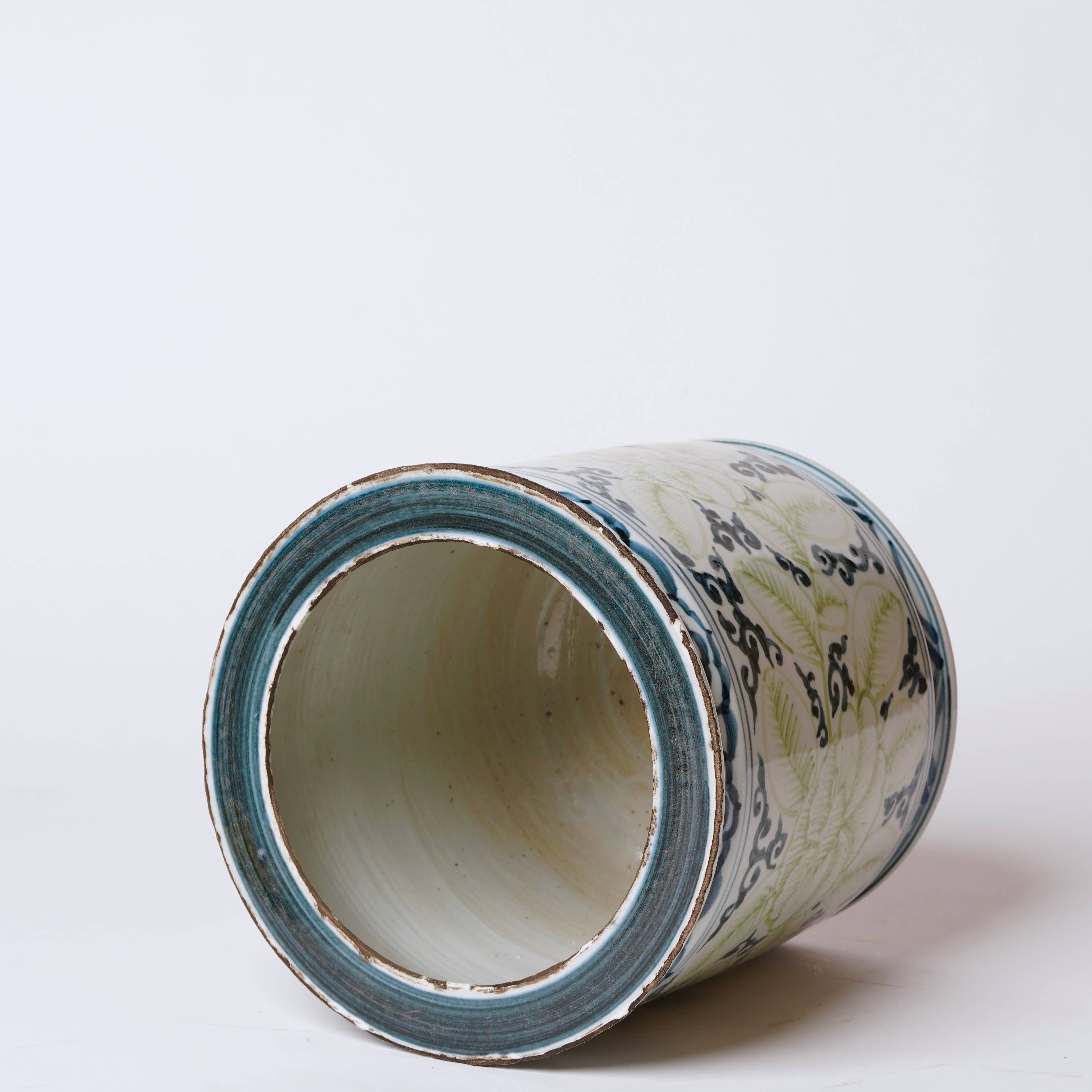 Rustic Blue and Green Floral Porcelain Cachepot