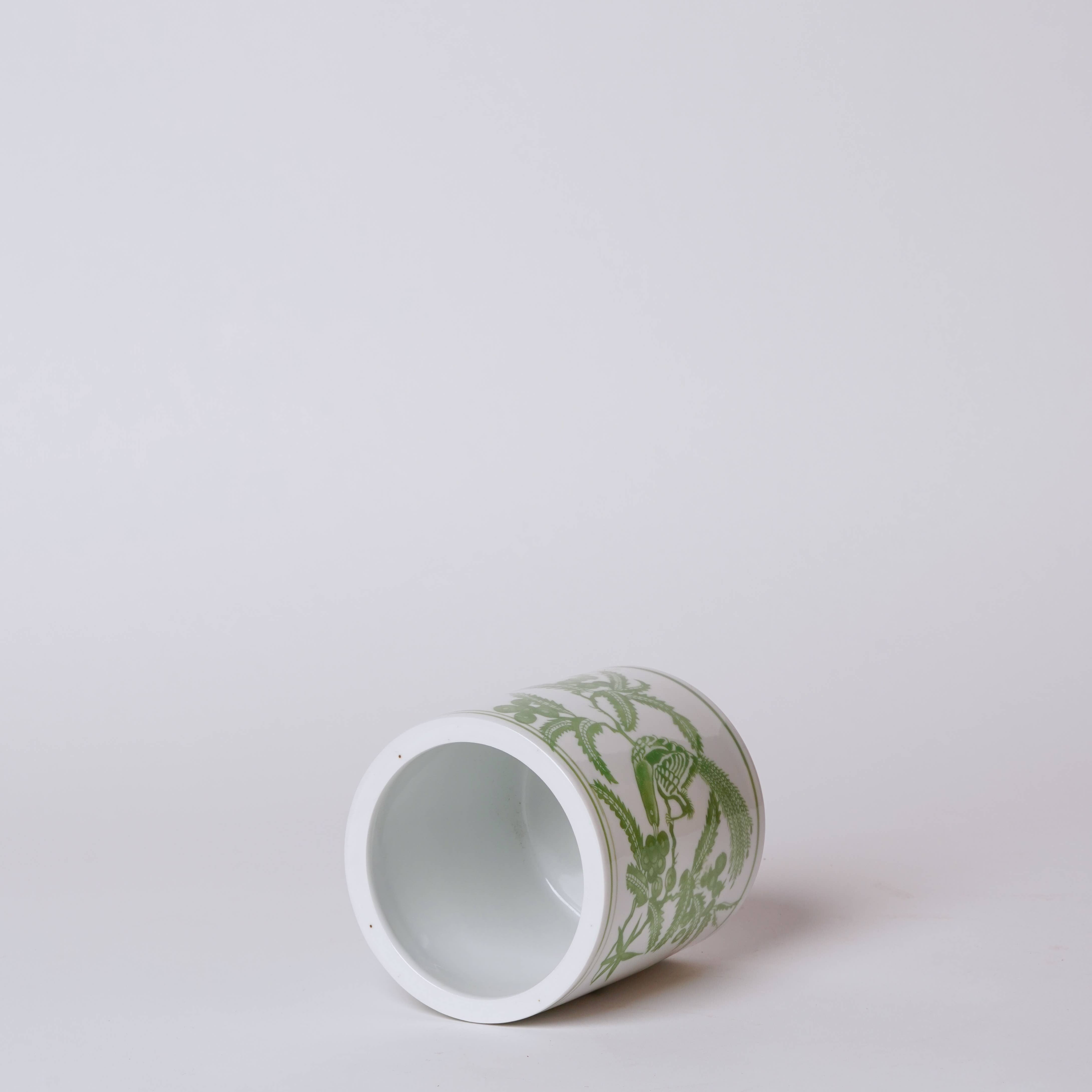 Tiny Green and White Porcelain Bird and Flower Cachepot