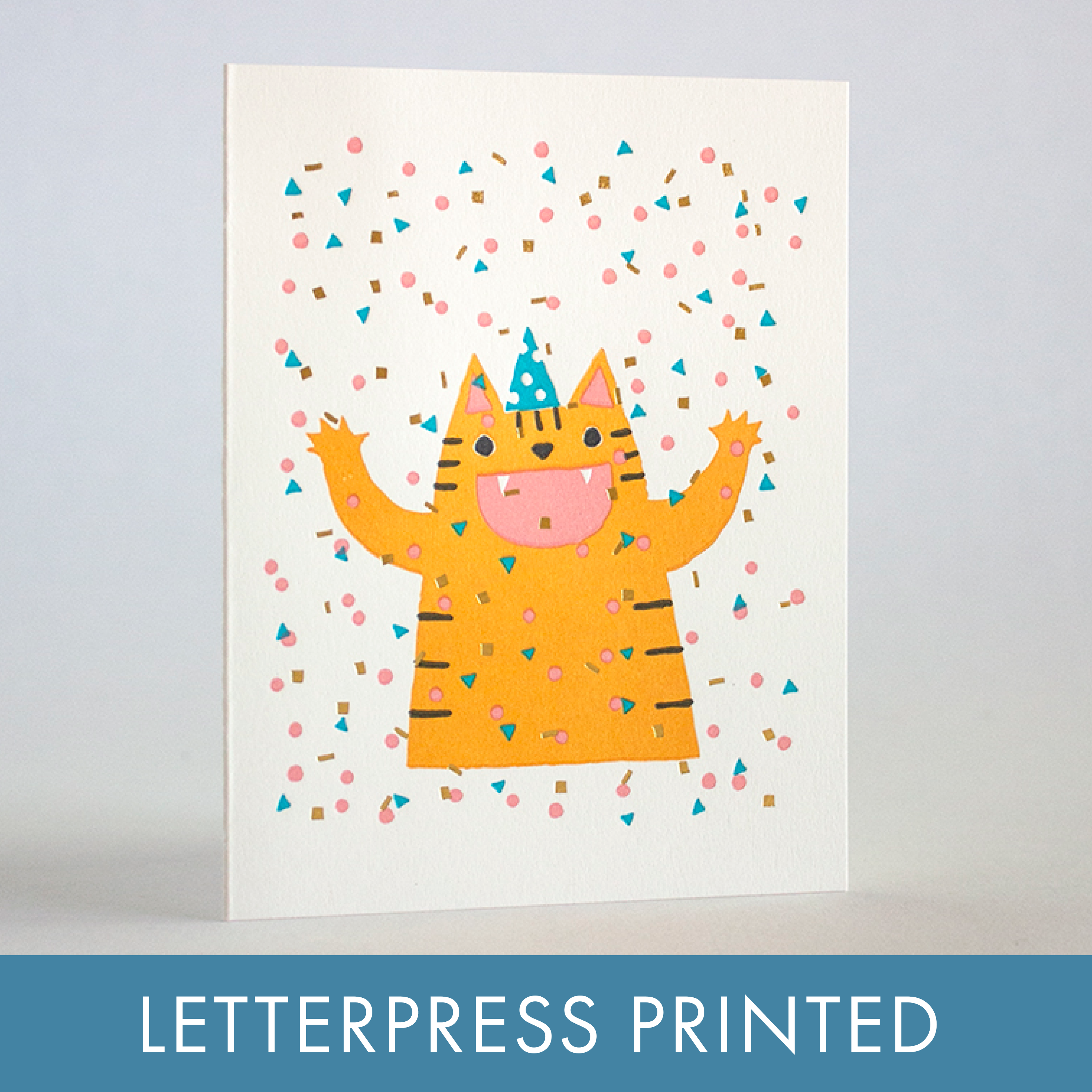 Confetti Cat Party Letterpress Greeting Card by Fugu Fugu : Plastic sleeve