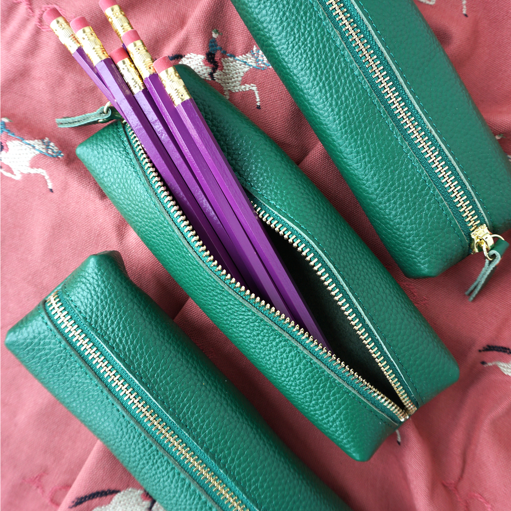 Customizable Genuine Pebble Leather Pencil Pouch - Green