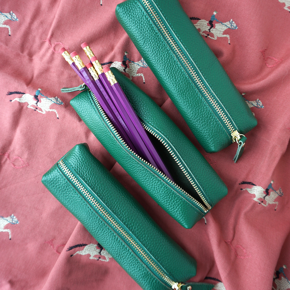 Customizable Genuine Pebble Leather Pencil Pouch - Green