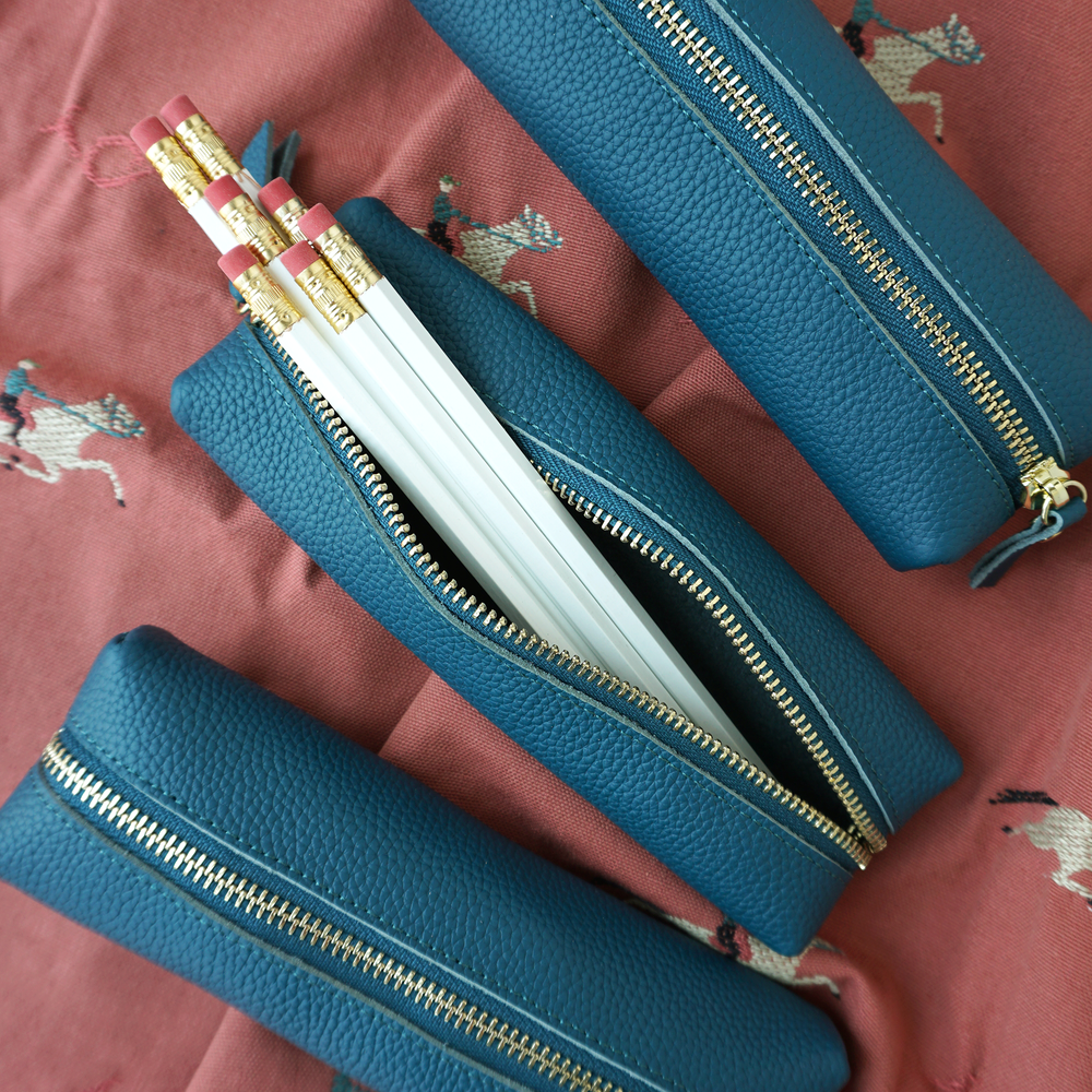 Customizable Genuine Pebble Leather Pencil Pouch - Teal Blue