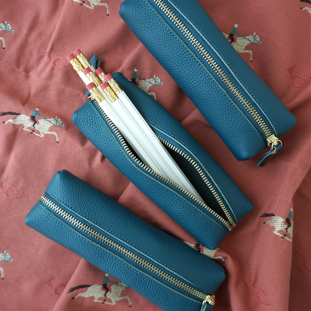 Customizable Genuine Pebble Leather Pencil Pouch - Teal Blue