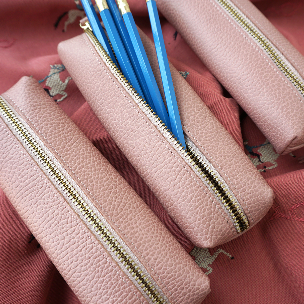 Customizable Genuine Pebble Leather Pencil Pouch - Nude Pink