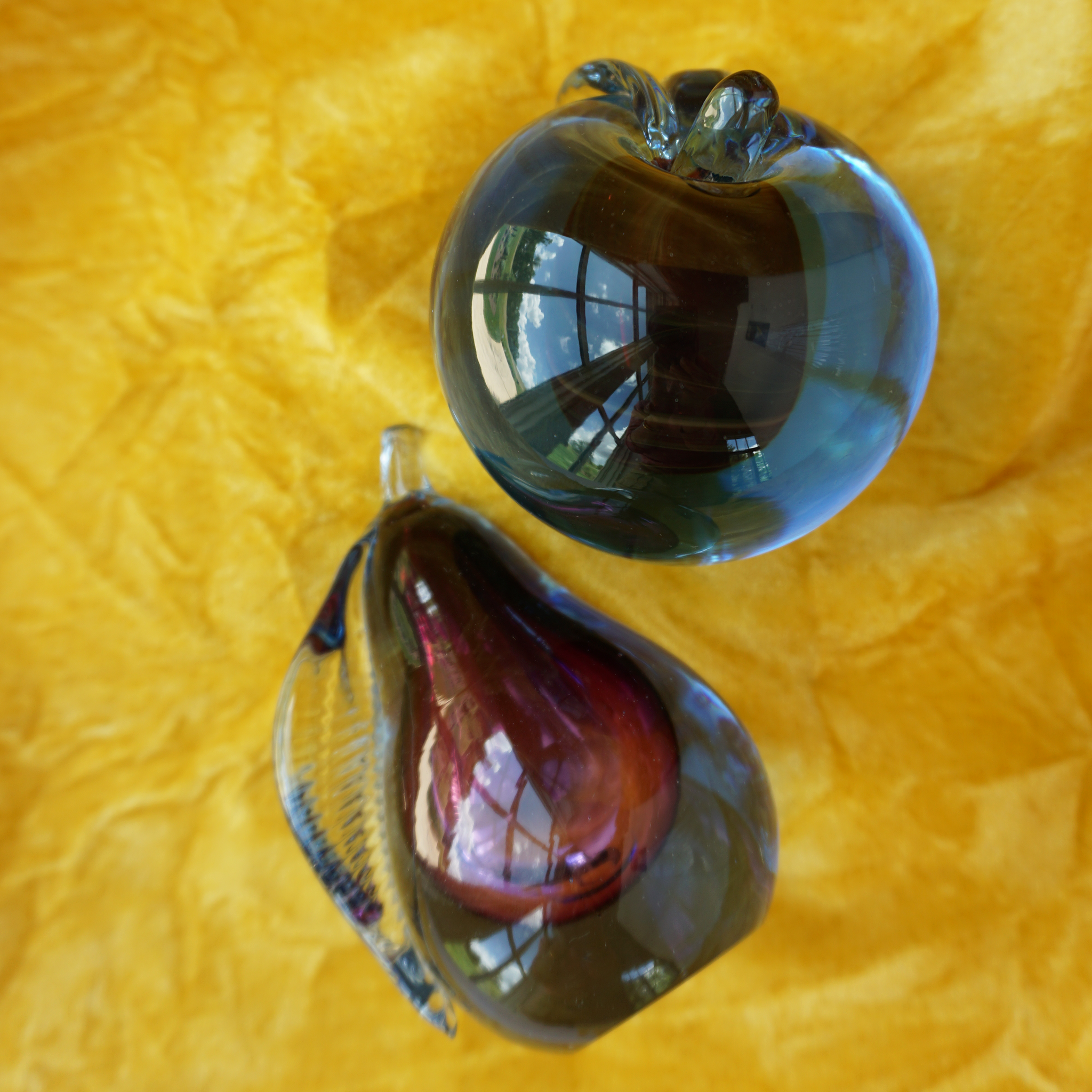 Vintage Glass Murano Sommerso Fruit Apple & Pear Paperweight Bookends Blue Plum