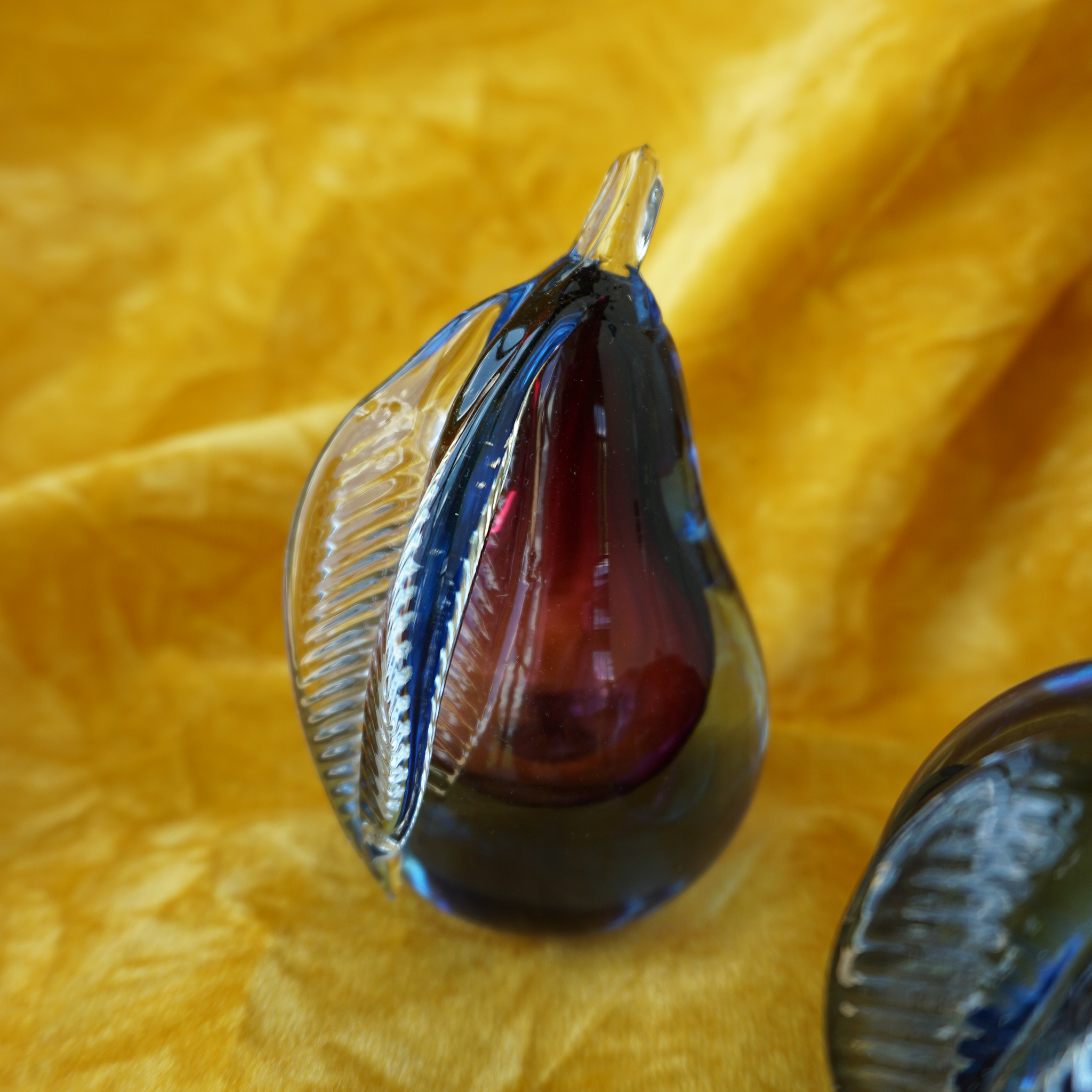 Vintage Glass Murano Sommerso Fruit Apple & Pear Paperweight Bookends Blue Plum
