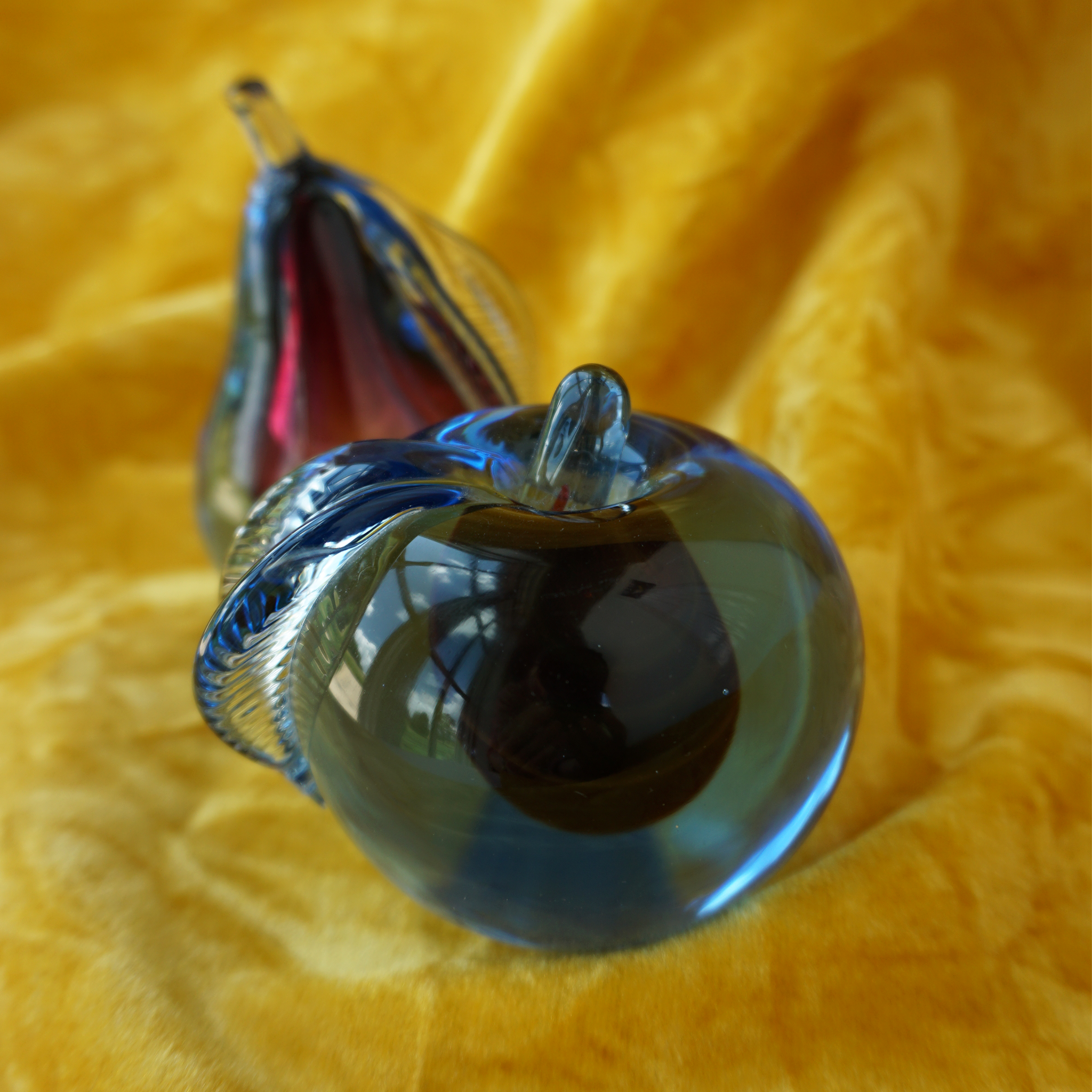 Vintage Glass Murano Sommerso Fruit Apple & Pear Paperweight Bookends Blue Plum