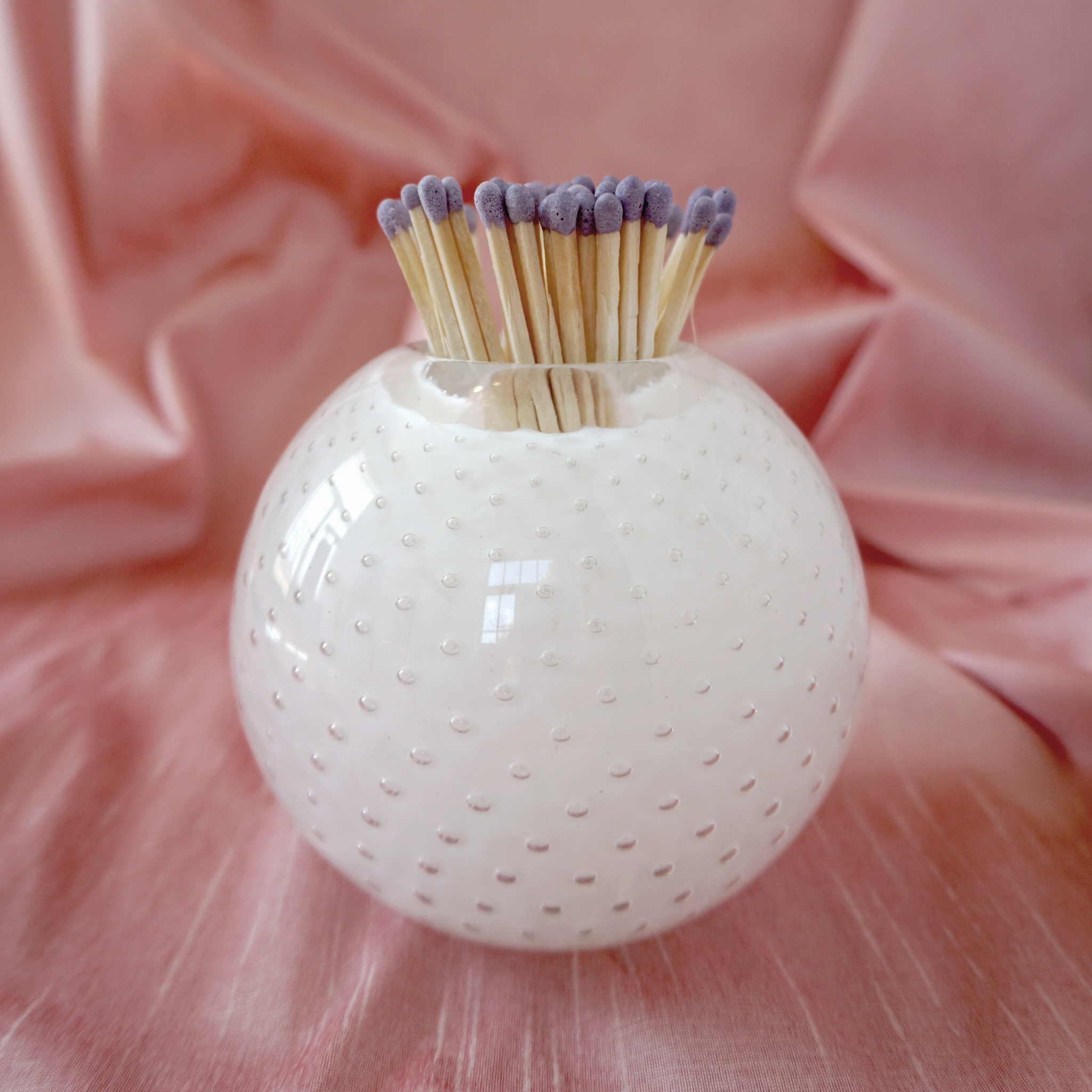 White Handblown Glass Match Striker with Matches